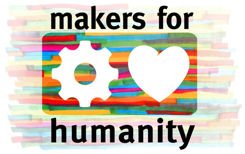 Das Logo der Makers 4 Humanity - Herz und Zahnrad vor buntem Hintergrund