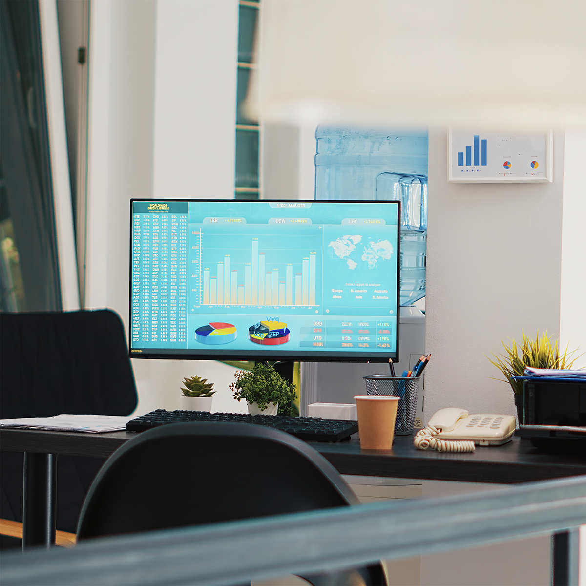 Moderner Büroarbeitsplatz mit Diagrammen und strukturiertem Arbeitsumfeld